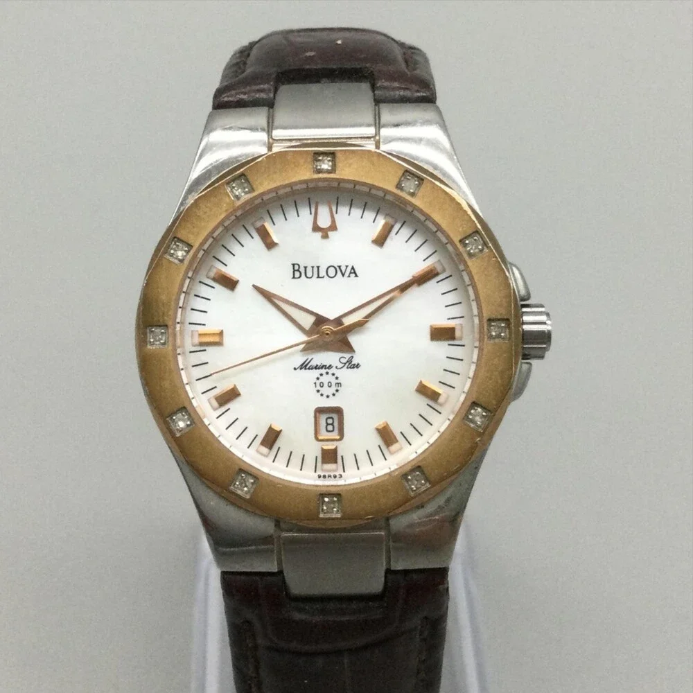Bulova Marine Star Womens Watch 30mm Brown Leather 98R93 NOT RUNNING FOR PARTS